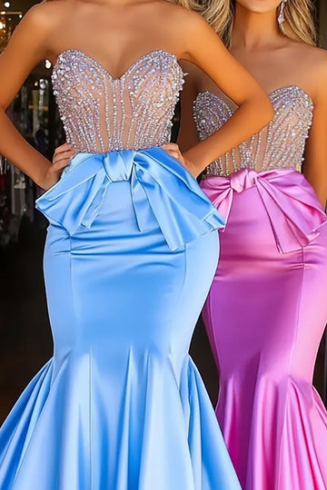 Błyszcząca Niebieska Satynowa Długa Syrenka Sukienka Na Studniówkę z Koralikami